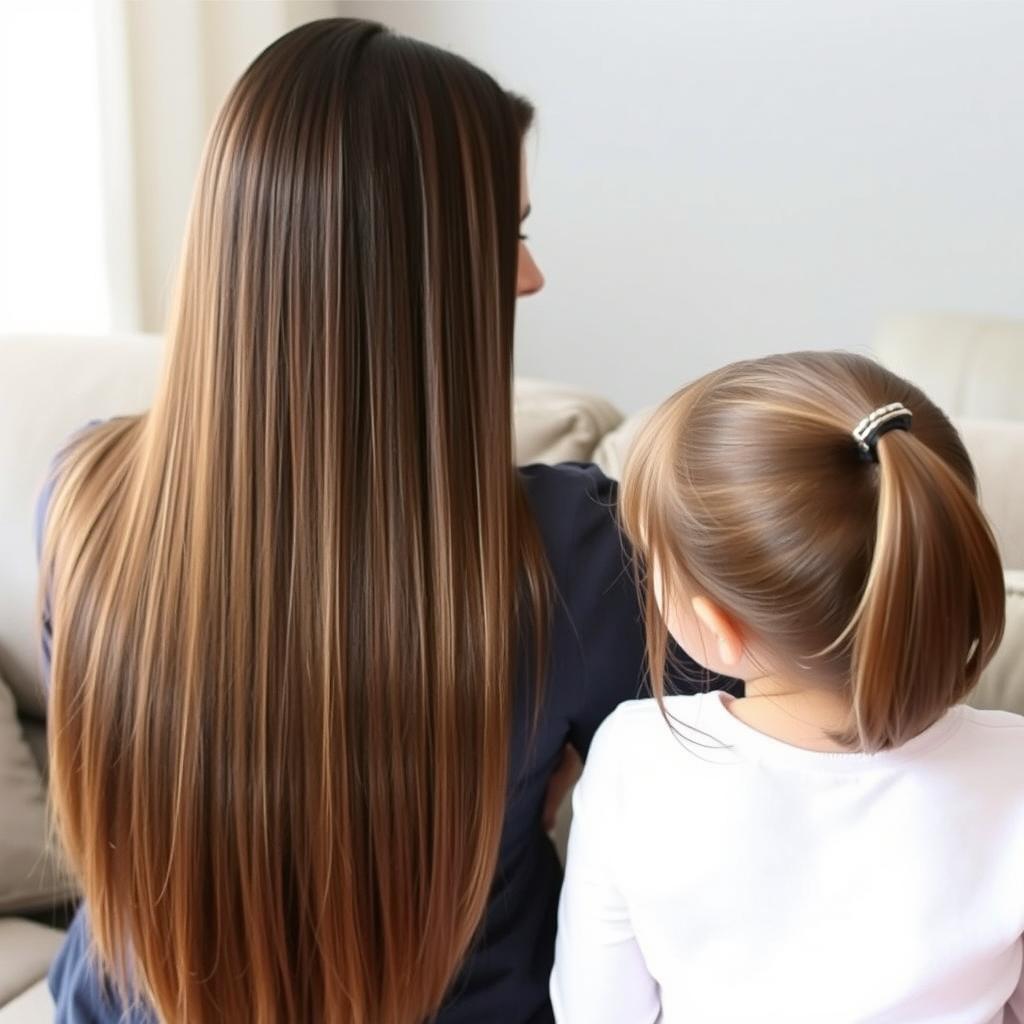 A mother with long, smooth hair treated with keratin, letting her hair down freely, sitting on a sofa with her daughter