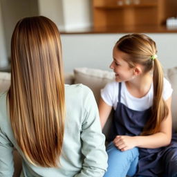 A mother with long, smooth hair treated with keratin, letting her hair down freely, sitting on a sofa with her daughter