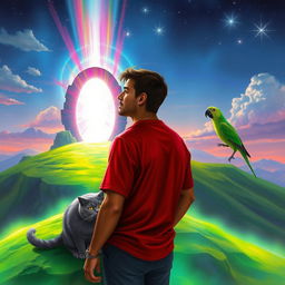 A man with tan brown skin wearing a red shirt is standing on a green glowing hill