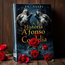 a captivating book cover design featuring howling wolves and vibrant red roses, set against a mysterious backdrop