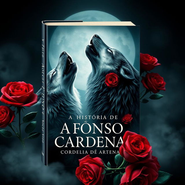 a captivating book cover design featuring howling wolves and vibrant red roses, set against a mysterious backdrop