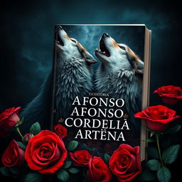 a captivating book cover design featuring howling wolves and vibrant red roses, set against a mysterious backdrop