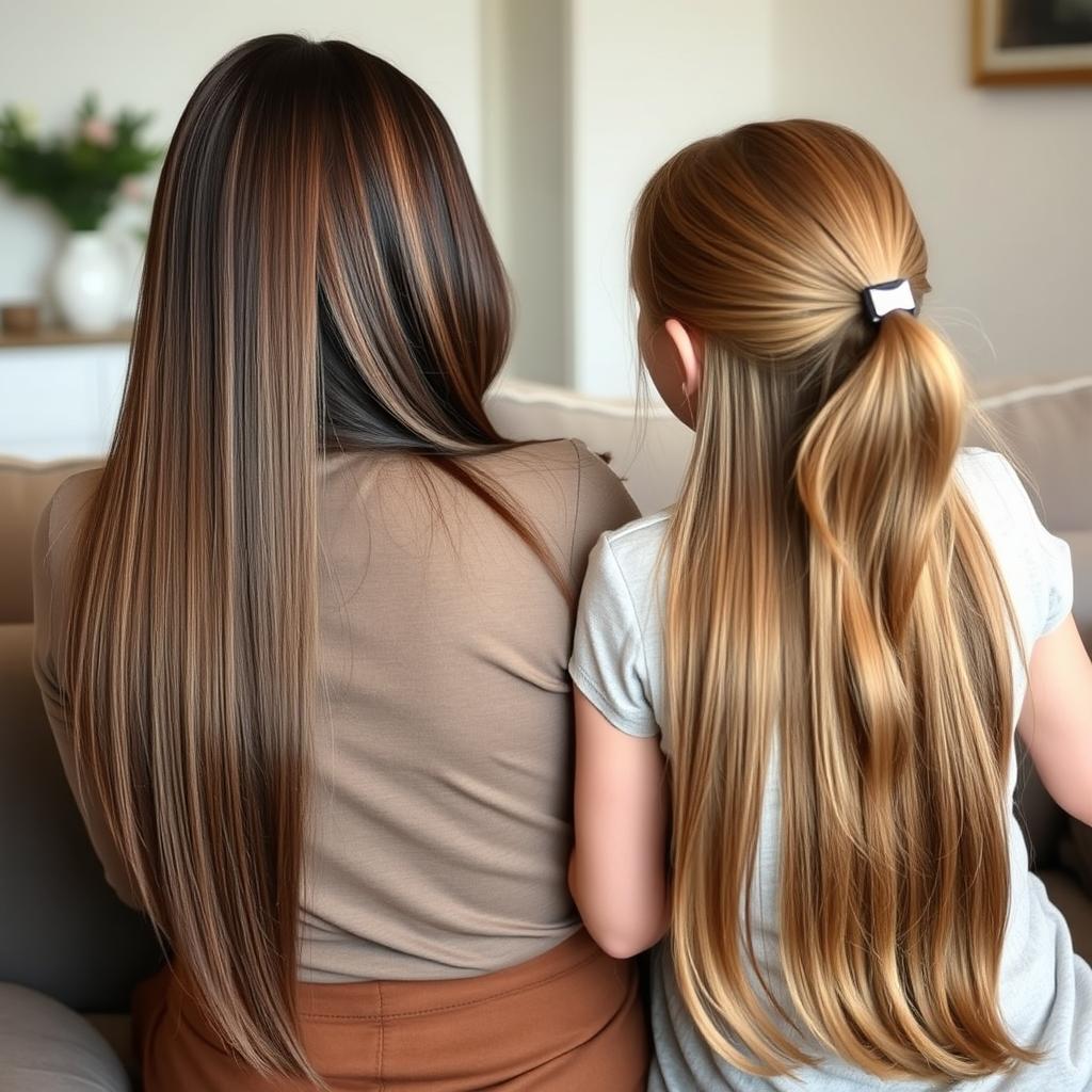 A mother with long, smooth hair treated with keratin, letting her hair down freely, sitting on a sofa with her daughter