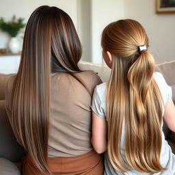 A mother with long, smooth hair treated with keratin, letting her hair down freely, sitting on a sofa with her daughter