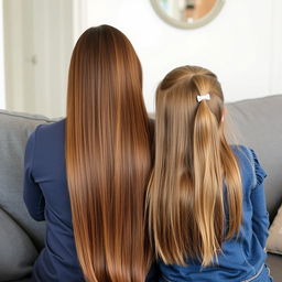 A mother with long, smooth hair treated with keratin, letting her hair down freely, sitting on a sofa with her daughter