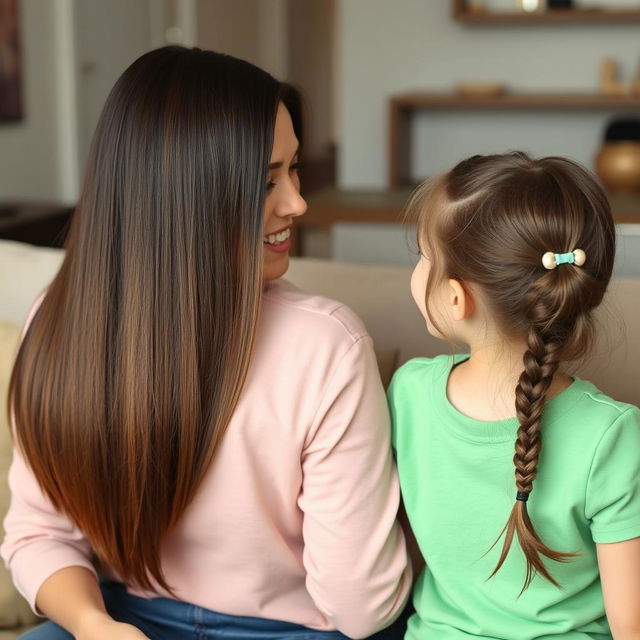 A mother with long, smooth hair treated with keratin, letting her hair down freely, sitting on a sofa with her daughter