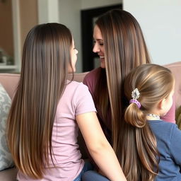 A mother with long, smooth hair treated with keratin, letting her hair down freely, sitting on a sofa with her daughter