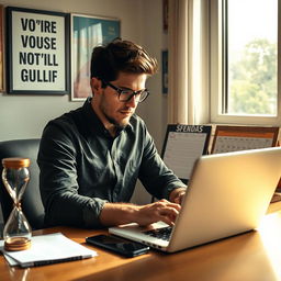 A determined and focused person sitting at a desk with a laptop, surrounded by motivational posters and a to-do list