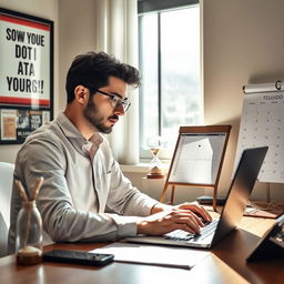 A determined and focused person sitting at a desk with a laptop, surrounded by motivational posters and a to-do list