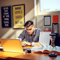 A determined and focused person sitting at a desk with a laptop, surrounded by motivational posters and a to-do list