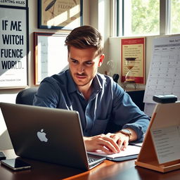 A determined and focused person sitting at a desk with a laptop, surrounded by motivational posters and a to-do list