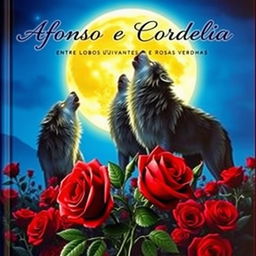 cerulean night sky with a large, glowing full moon illuminating a group of majestic wolves howling together amidst a field of vibrant red roses