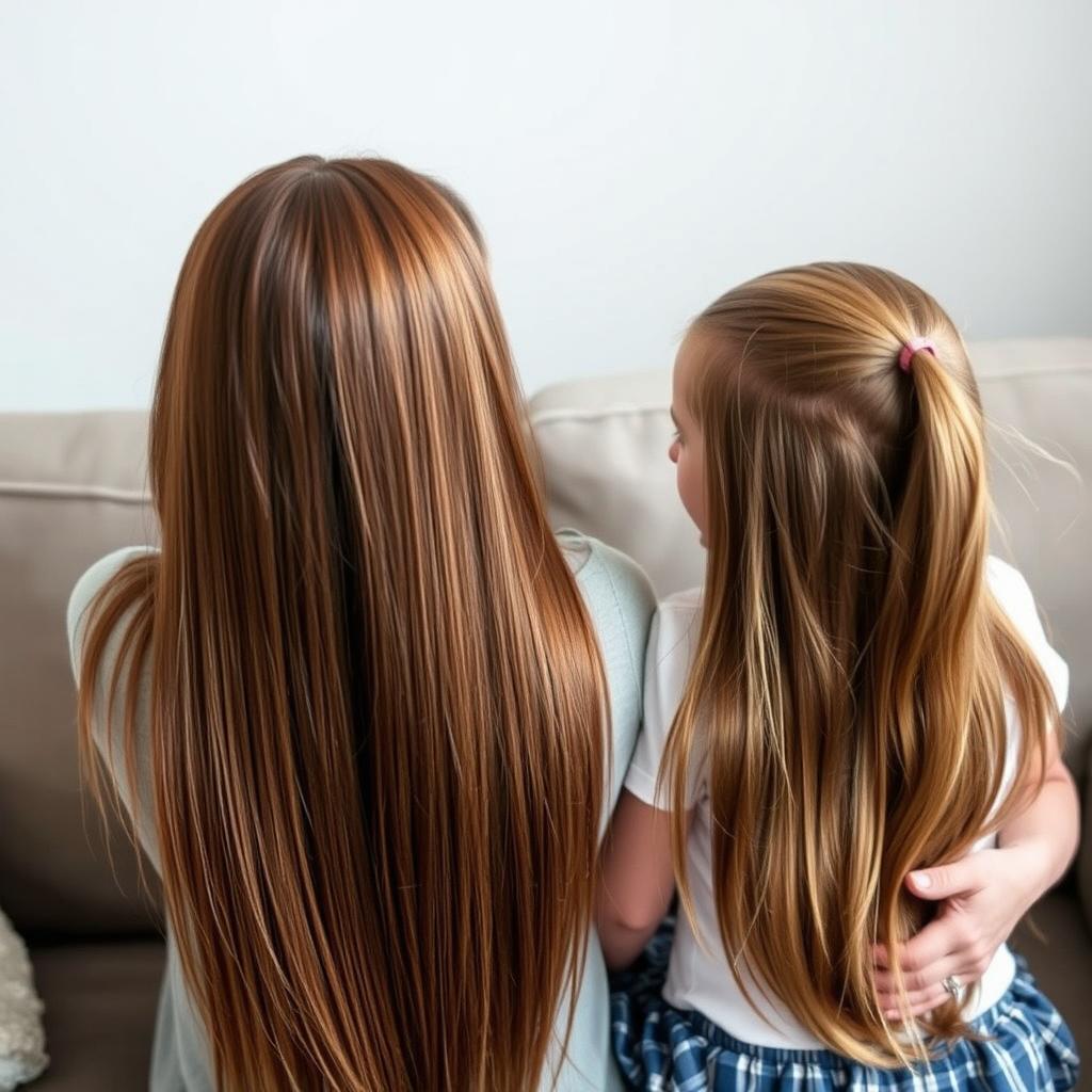 A clear view of a mother with long, smooth hair treated with keratin, letting her hair down freely, sitting on a sofa with her daughter