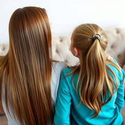 A clear view of a mother with long, smooth hair treated with keratin, letting her hair down freely, sitting on a sofa with her daughter