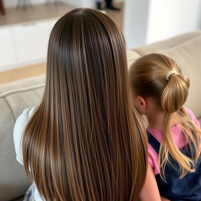 A clear view of a mother with long, smooth hair treated with keratin, letting her hair down freely, sitting on a sofa with her daughter