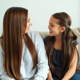 A clear view of a mother with long, smooth hair treated with keratin, letting her hair down freely, sitting on a sofa with her daughter