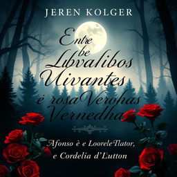 A captivating book cover titled "Entre Lobos Uivantes e Rosas Vermelhas," featuring an ethereal forest landscape bathed in moonlight, with silhouettes of howling wolves in the background and vibrant red roses in the foreground