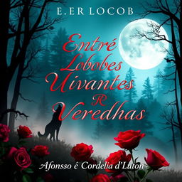 A captivating book cover titled "Entre Lobos Uivantes e Rosas Vermelhas," featuring an ethereal forest landscape bathed in moonlight, with silhouettes of howling wolves in the background and vibrant red roses in the foreground