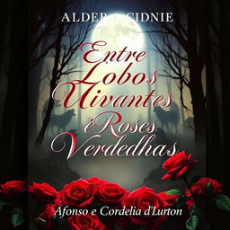 A captivating book cover titled "Entre Lobos Uivantes e Rosas Vermelhas," featuring an ethereal forest landscape bathed in moonlight, with silhouettes of howling wolves in the background and vibrant red roses in the foreground