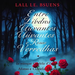 A captivating book cover titled "Entre Lobos Uivantes e Rosas Vermelhas," featuring an ethereal forest landscape bathed in moonlight, with silhouettes of howling wolves in the background and vibrant red roses in the foreground