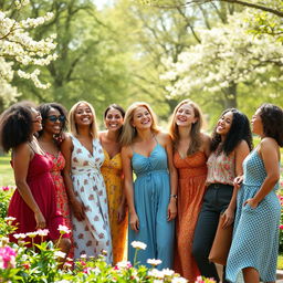 A group of diverse and confident women laughing and enjoying each other's company in a sunlit park, surrounded by blooming flowers and lush greenery