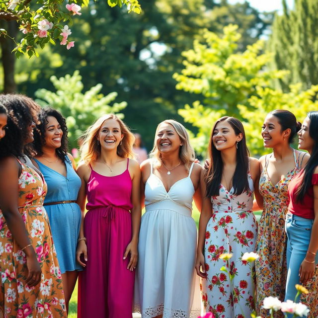 A group of diverse and confident women laughing and enjoying each other's company in a sunlit park, surrounded by blooming flowers and lush greenery