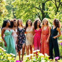 A group of diverse and confident women laughing and enjoying each other's company in a sunlit park, surrounded by blooming flowers and lush greenery