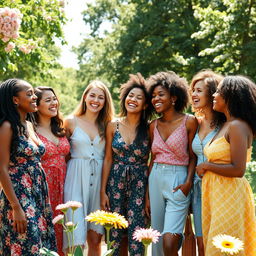 A group of diverse and confident women laughing and enjoying each other's company in a sunlit park, surrounded by blooming flowers and lush greenery