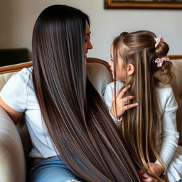 A mother with very long hair treated with keratin, smooth and left loose, is sitting on a couch with her daughter