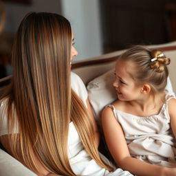 A mother with very long hair treated with keratin, smooth and left loose, is sitting on a couch with her daughter