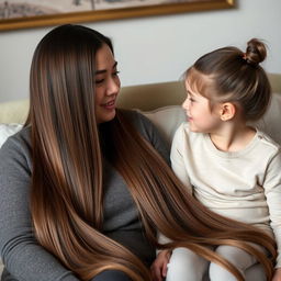 A mother with very long hair treated with keratin, smooth and left loose, is sitting on a couch with her daughter