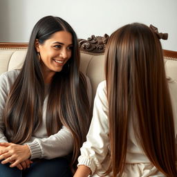 A mother with very long hair treated with keratin, smooth and left loose, is sitting on a couch with her daughter