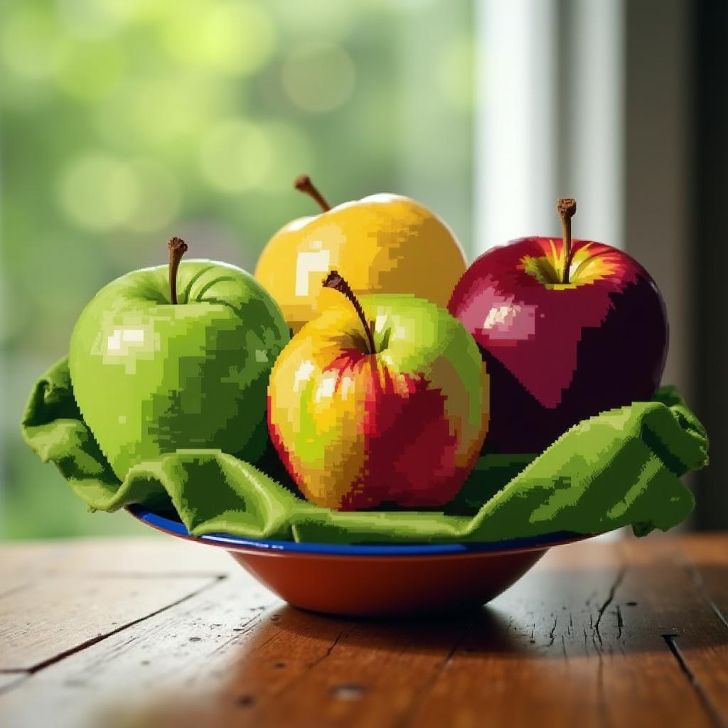 A summer scene featuring a close-up of an apple lying on a wooden table