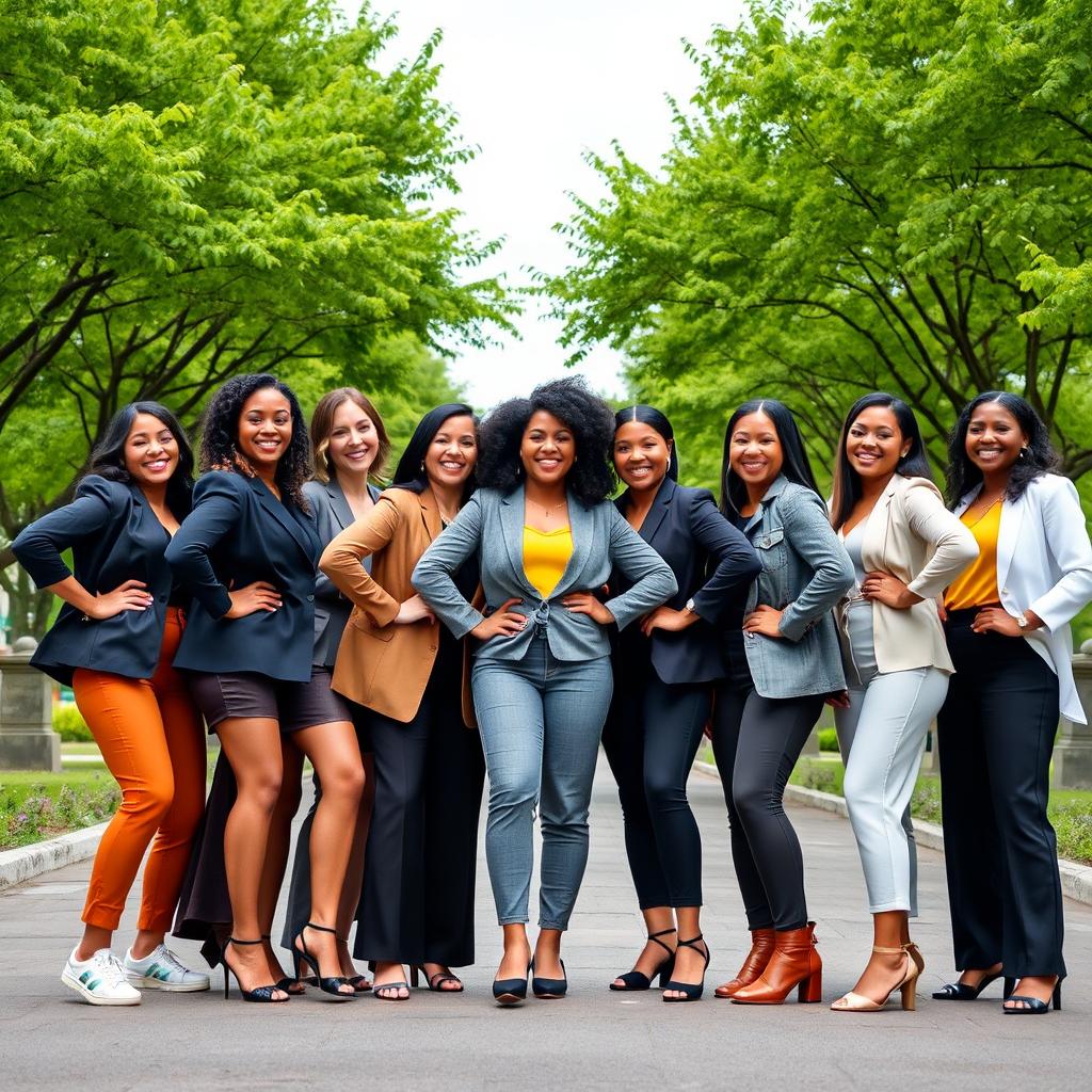 A group of diverse women standing together in a harmonious and empowering pose, representing strength and unity