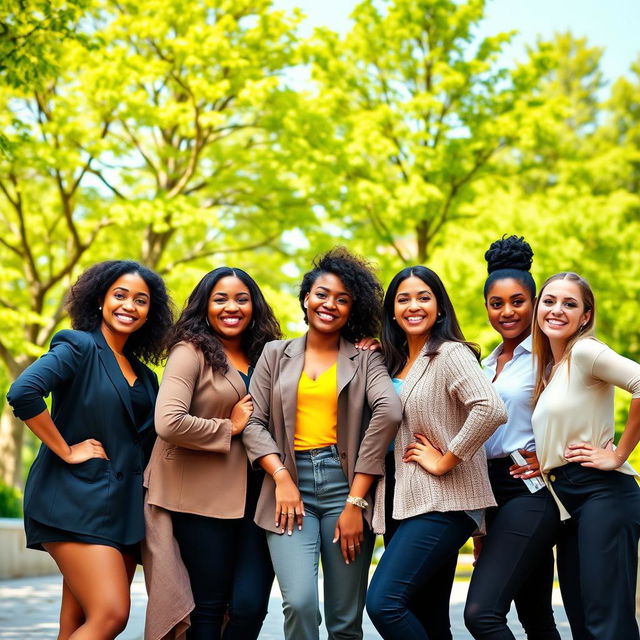 A group of diverse women standing together in a harmonious and empowering pose, representing strength and unity