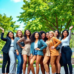 A group of diverse women standing together in a harmonious and empowering pose, representing strength and unity