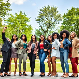 A group of diverse women standing together in a harmonious and empowering pose, representing strength and unity