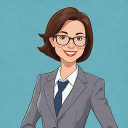 A cartoon-style illustration of a woman dressed in a stylish and professional accountant's suit, portraying her as both friendly and competent.