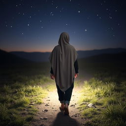 A soft-hued scene of a hijab-wearing woman seen from behind, walking on a natural landscape, leaving footprints behind her