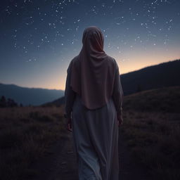 A soft-hued scene of a hijab-wearing woman seen from behind, walking on a natural landscape, leaving footprints behind her