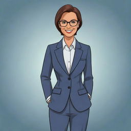 A cartoon-style illustration of a woman dressed in a stylish and professional accountant's suit, portraying her as both friendly and competent.