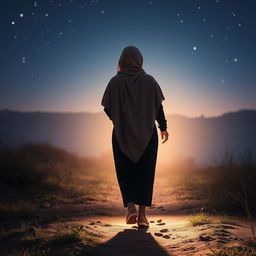 A soft-hued scene of a hijab-wearing woman seen from behind, walking on a natural landscape, leaving footprints behind her