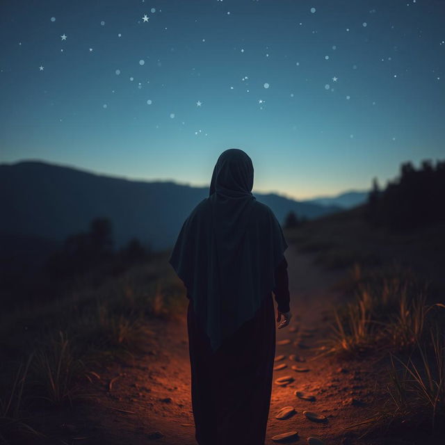 A soft-hued scene of a hijab-wearing woman seen from behind, walking on a natural landscape, leaving footprints behind her