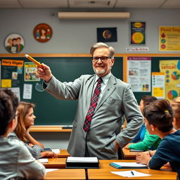 a confident professor in a classroom setting holding a chalkboard pointer, surrounded by eager students and educational posters, vibrant colors, a sense of inspiration and knowledge sharing