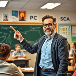 a confident professor in a classroom setting holding a chalkboard pointer, surrounded by eager students and educational posters, vibrant colors, a sense of inspiration and knowledge sharing