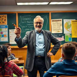 a confident professor in a classroom setting holding a chalkboard pointer, surrounded by eager students and educational posters, vibrant colors, a sense of inspiration and knowledge sharing