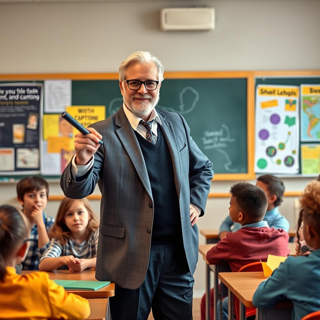 a confident professor in a classroom setting holding a chalkboard pointer, surrounded by eager students and educational posters, vibrant colors, a sense of inspiration and knowledge sharing