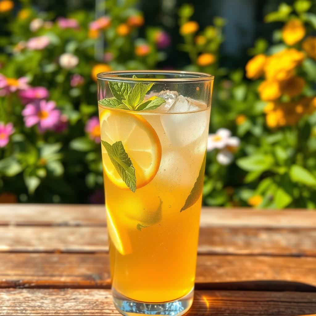 A refreshing glass of ice tea with lemon slices and mint leaves, condensation on the glass creating a cool effect, set on a wooden table outdoors with sunlight softly illuminating the scene