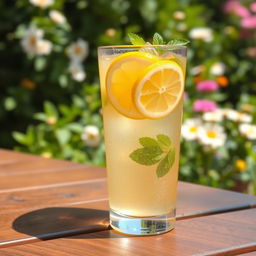 A refreshing glass of ice tea with lemon slices and mint leaves, condensation on the glass creating a cool effect, set on a wooden table outdoors with sunlight softly illuminating the scene