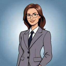 A cartoon-style illustration of a woman dressed in a stylish and professional accountant's suit, portraying her as both friendly and competent.